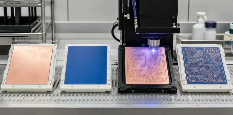 Prepared copper and uniform dry film establish the transfer chain for LDI PCB imaging.