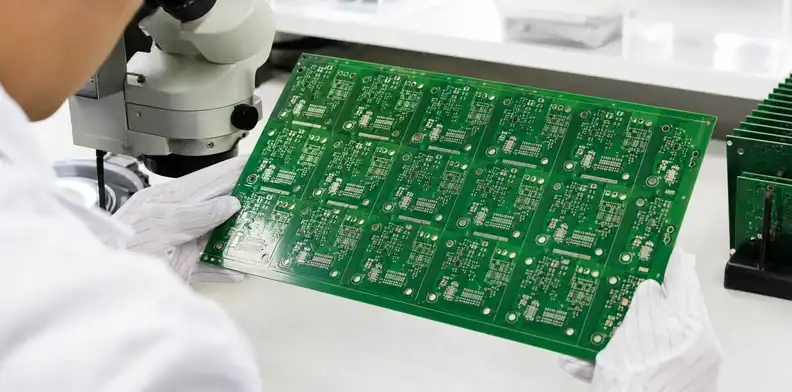 Lead-free HASL PCB panel inspected under a laboratory magnifier