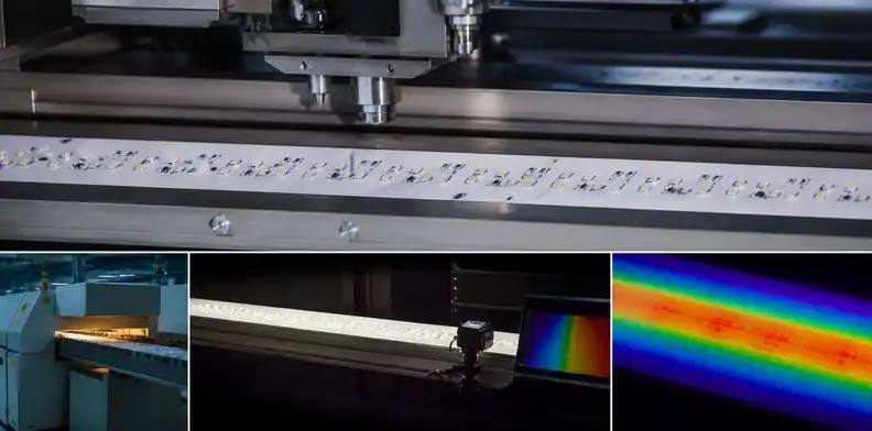 Supported assembly and optical testing validate a long LED PCB board production route.
