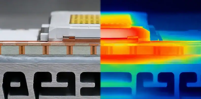 Copper, interface material and extrusion create the thermal path beneath a long LED PCB board.