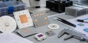 An engineering bench compares a ceramic pcb for high power led with UV-C emitter samples and heat-sink parts.