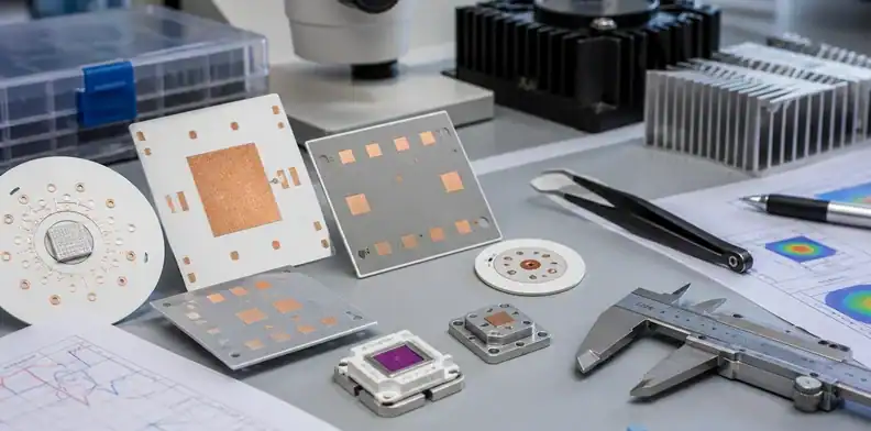 An engineering bench compares a ceramic pcb for high power led with UV-C emitter samples and heat-sink parts.