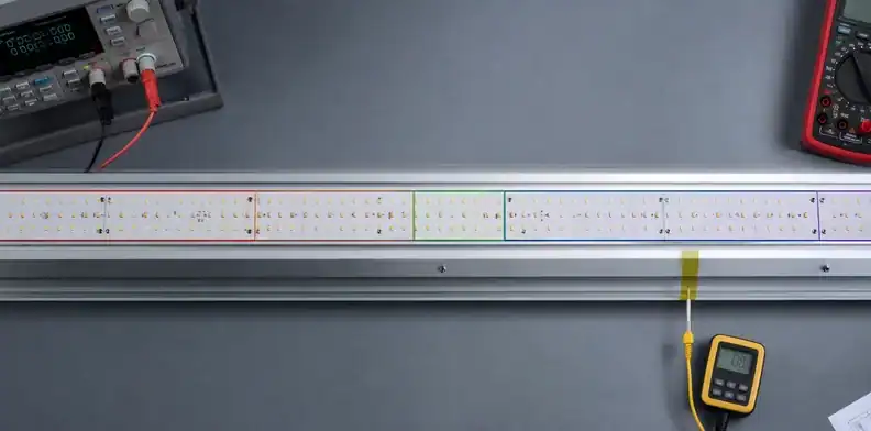 Electrical and temperature zones map voltage drop along a long LED PCB board.