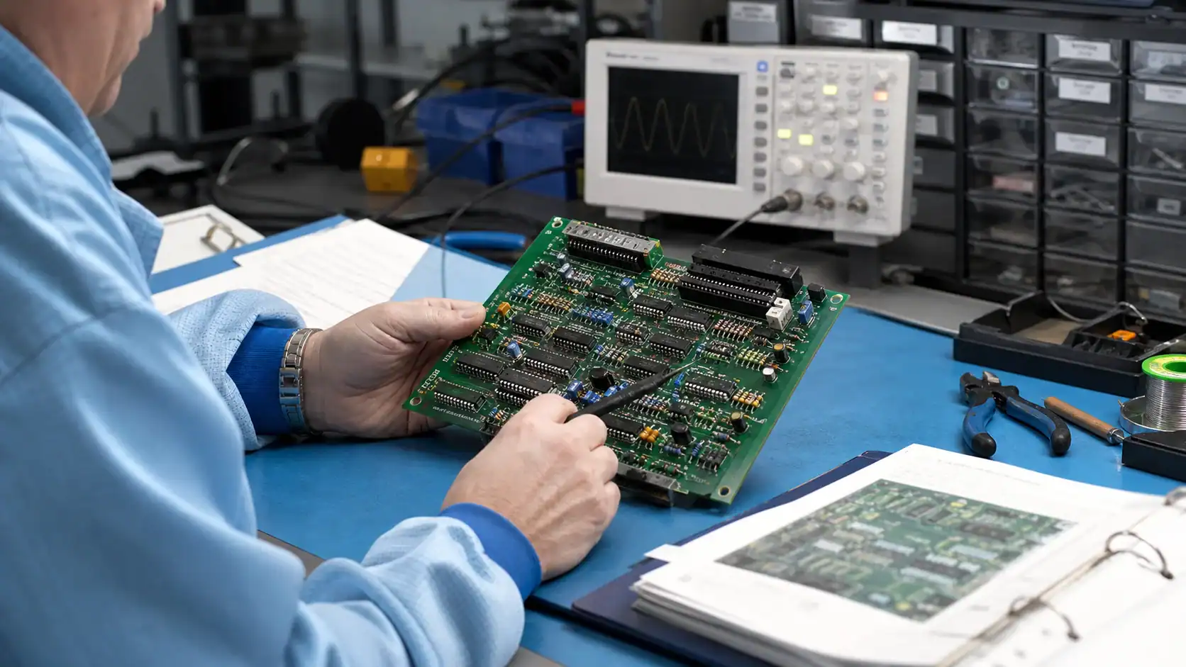 Legacy product sustainment technician reviewing an older through-hole PCB assembly
