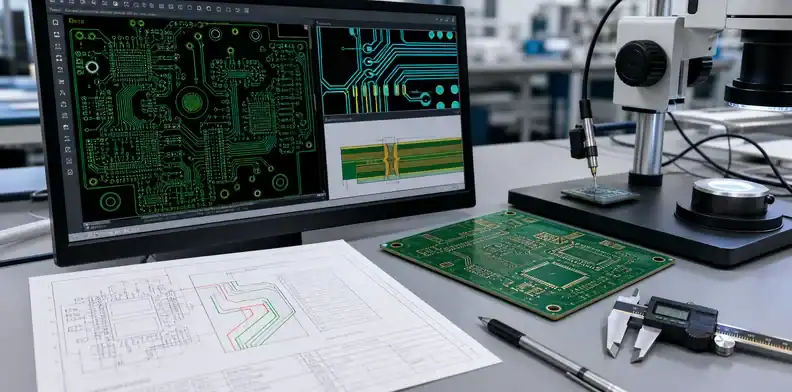 A CAD workstation and microscope support high precision PCB artwork and line-space RFQ review.