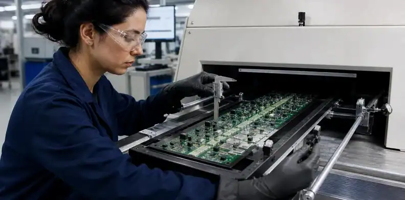The loaded equipment envelope is checked before releasing a large PCB reflow carrier.