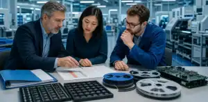 long-lead component prebuy decision with BOM risk sheet, component reels, IC trays, and prototype PCBA