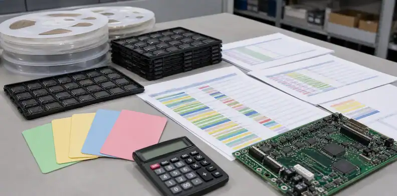 long-lead component prebuy exposure review with IC trays, alternate cards, BOM sheets, and PCBA sample