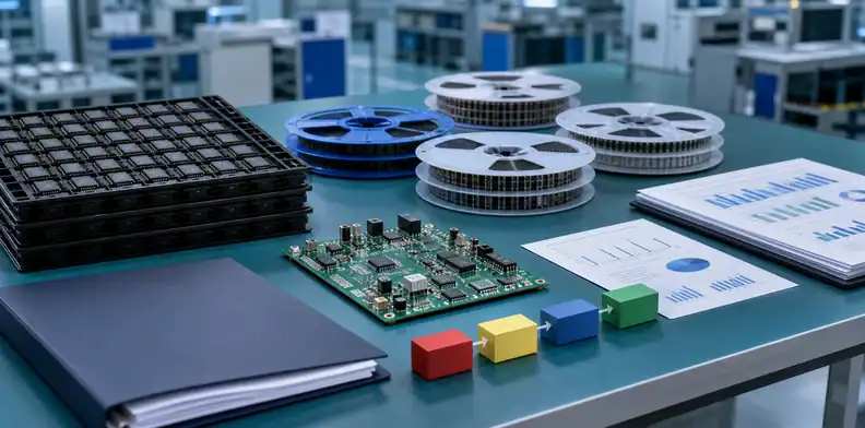 long-lead component prebuy staged release with critical IC trays, component reels, pilot PCBA, and inventory sheets