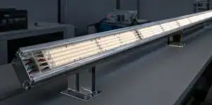 An illuminated long LED PCB board is validated in its aluminum fixture for uniform output.