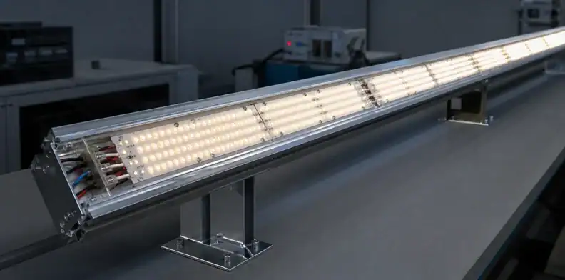 An illuminated long LED PCB board is validated in its aluminum fixture for uniform output.