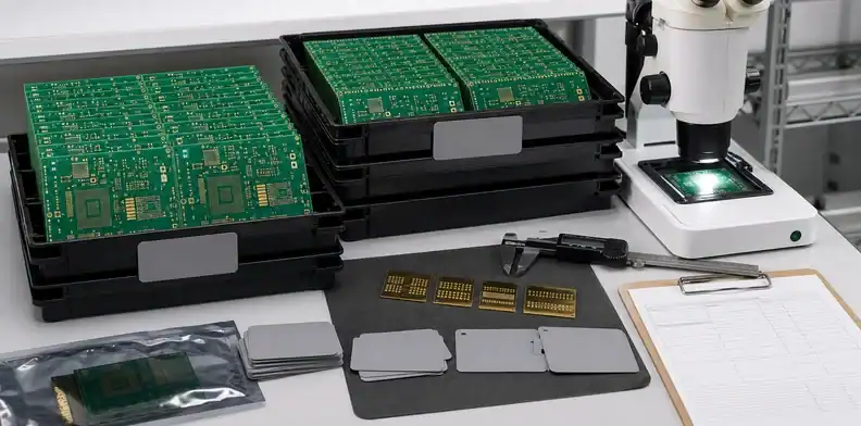 ESD trays and blank labels show enepig pcb finish lot traceability and revision release evidence.