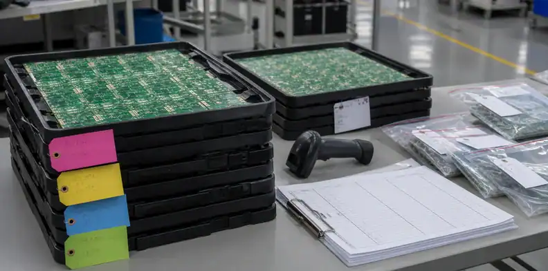 PCB trays and traveler sheets show ai pcb manufacturing evidence tied to lot identity and shipment records.