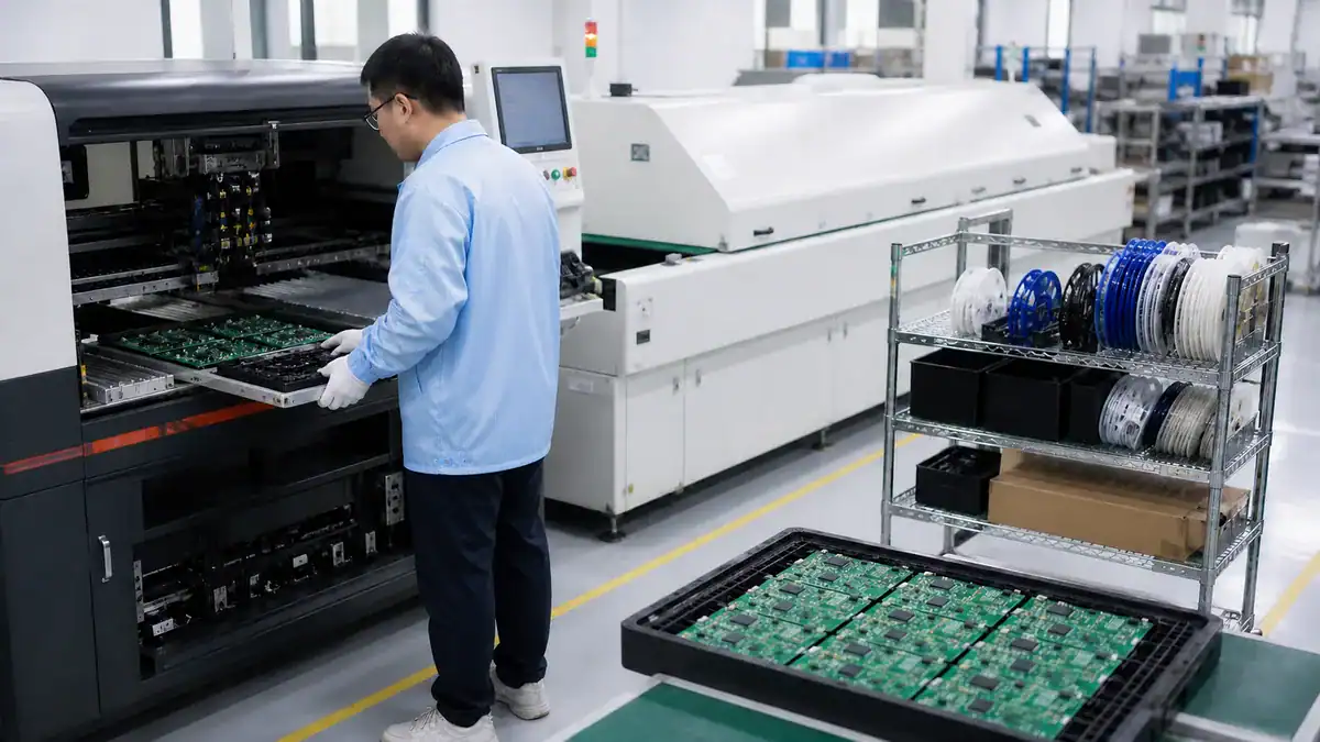 Low volume SMT assembly with small batch PCB trays component reels and light blue ESD operator smock