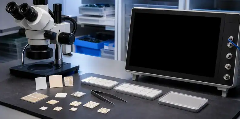 RF engineer examining LTCC and thin film ceramic features in a how to choose ceramic pcb manufacturer discussion