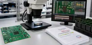 A quality desk shows ai pcb manufacturing evidence planning with inspection records, PCB panels, and lab tools.