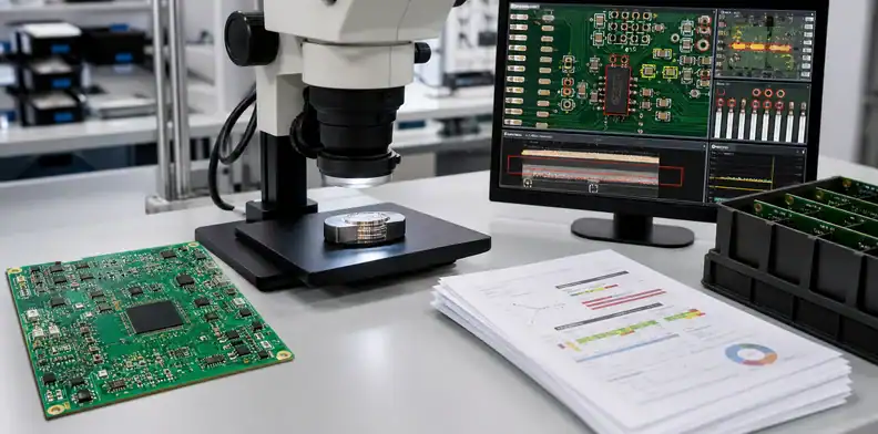 A quality desk shows ai pcb manufacturing evidence planning with inspection records, PCB panels, and lab tools.