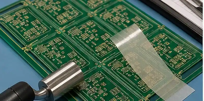 An inspection bench shows PCB solder mask adhesion review with green boards, tape-test tools, and cure records.