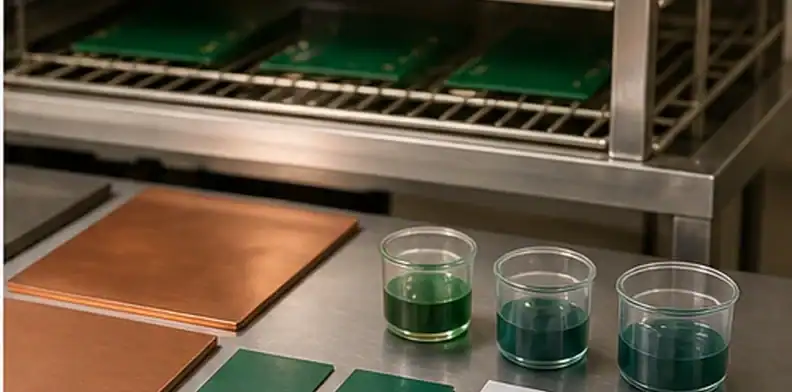 A solder mask process desk shows PCB solder mask adhesion review with coating samples, copper panels, and cure documentation.