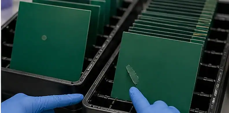 Incoming inspection samples show PCB solder mask adhesion disposition with lifted mask areas marked beside photos.