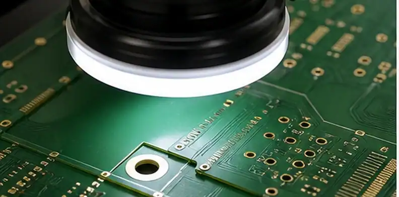 A microscope and sample board show PCB solder mask adhesion evidence near pads and routed edges.