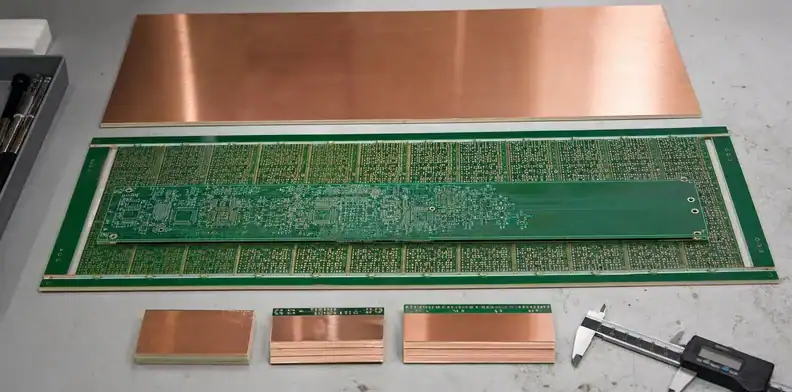 Laminate sheets and heavy-copper samples show material constraints on maximum PCB size.