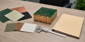 A material approval desk compares laminate samples for hybrid PCB material substitution before production