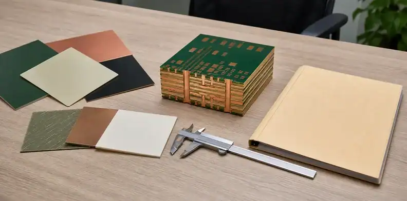 A material approval desk compares laminate samples for hybrid PCB material substitution before production