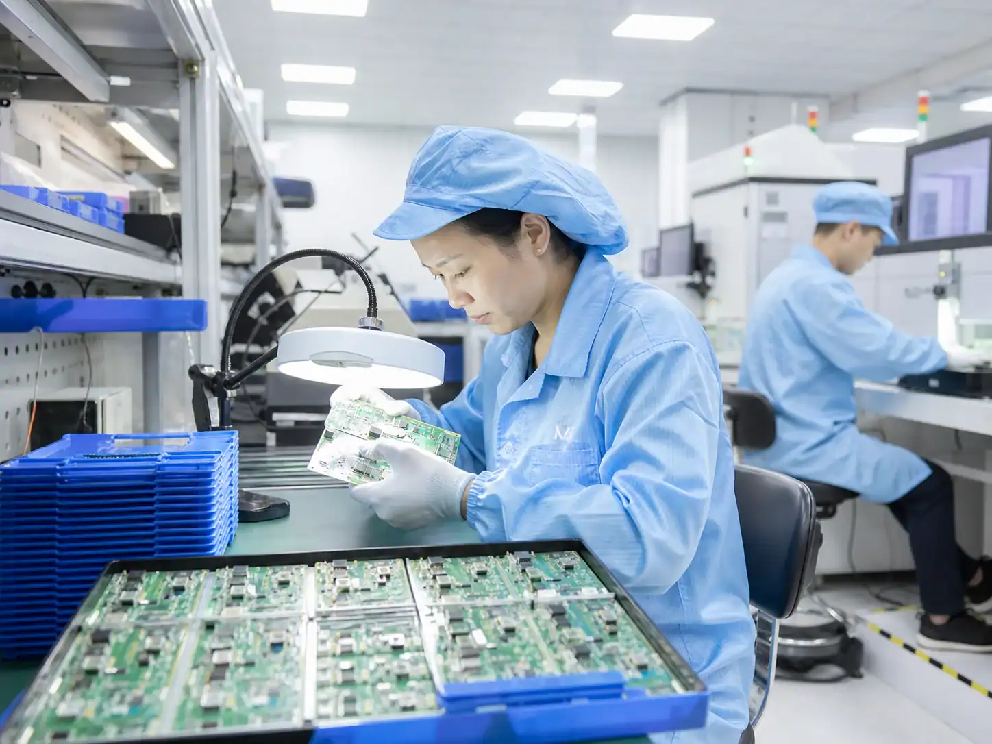 Medical PCB assembly production in a clean ESD factory with technicians inspecting PCBA panels