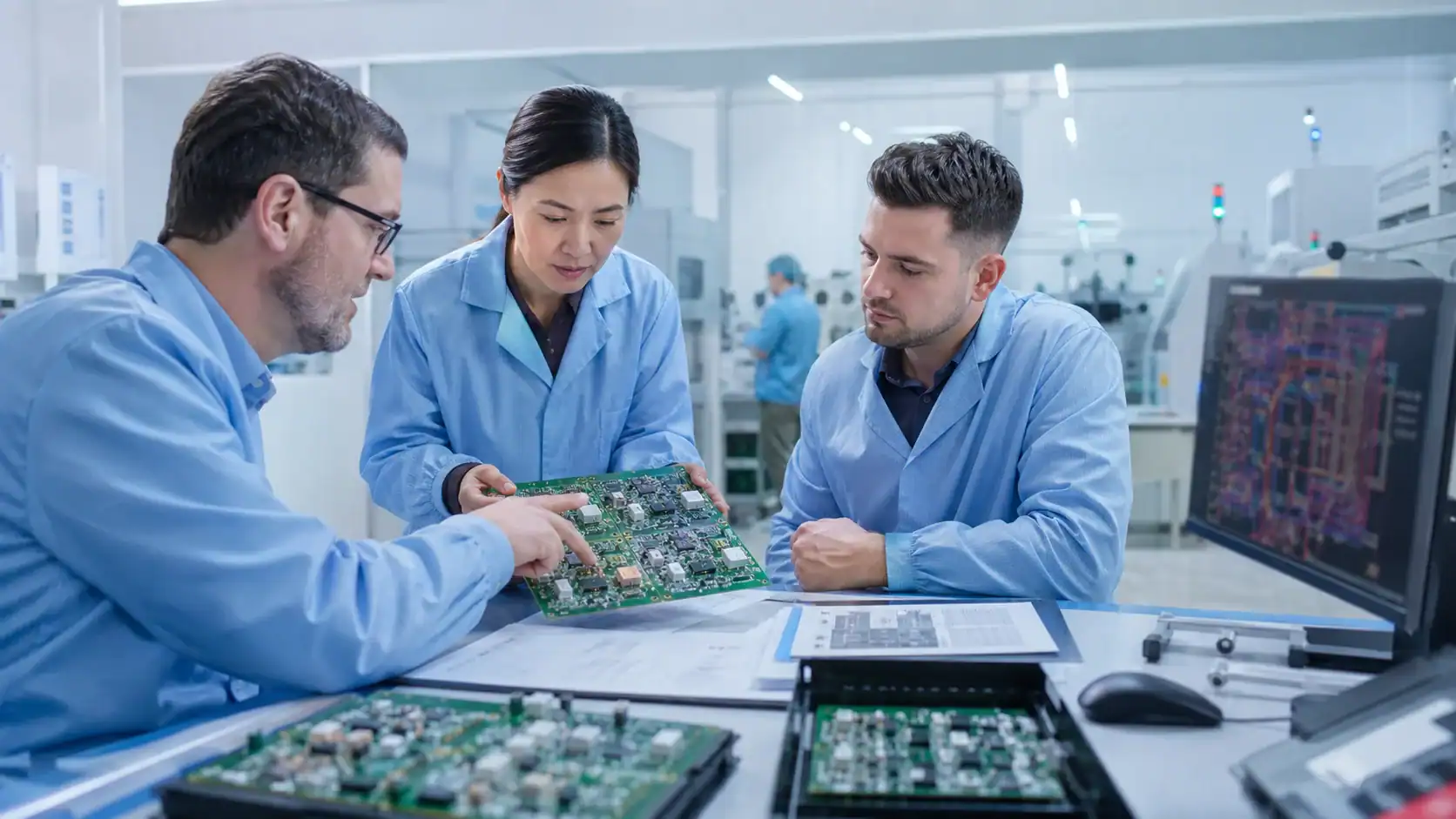 Engineers reviewing a medical PCB assembly for long-term OEM production support
