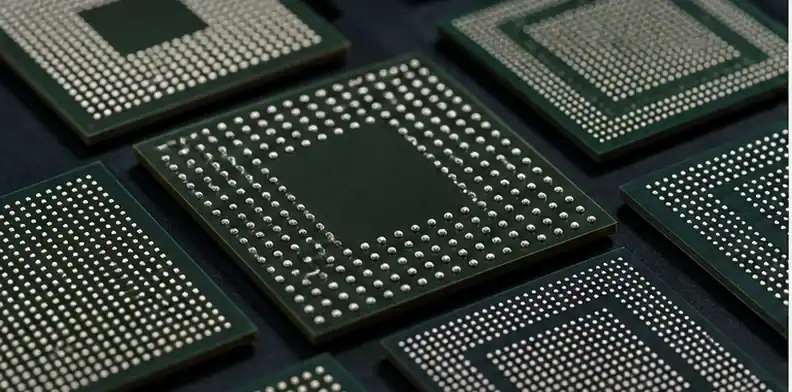 Memory package substrate samples show dense BGA pad arrays for BT material review.