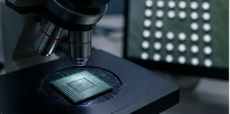 A memory package substrate is inspected under a microscope for solder-ball pattern review.