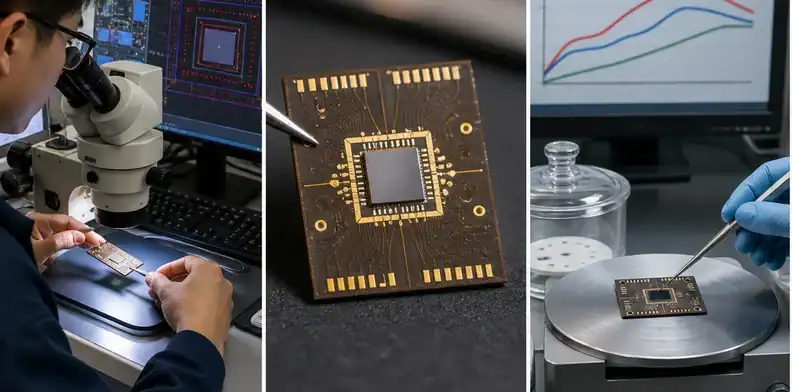 A microscope and thin carrier sample show BT substrate for MEMS sensor packaging pad review.