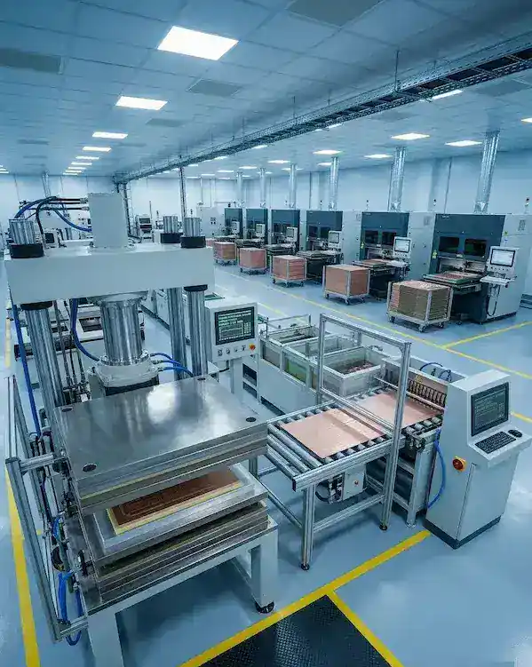Metal core PCB manufacturing facility with production equipment and factory floor