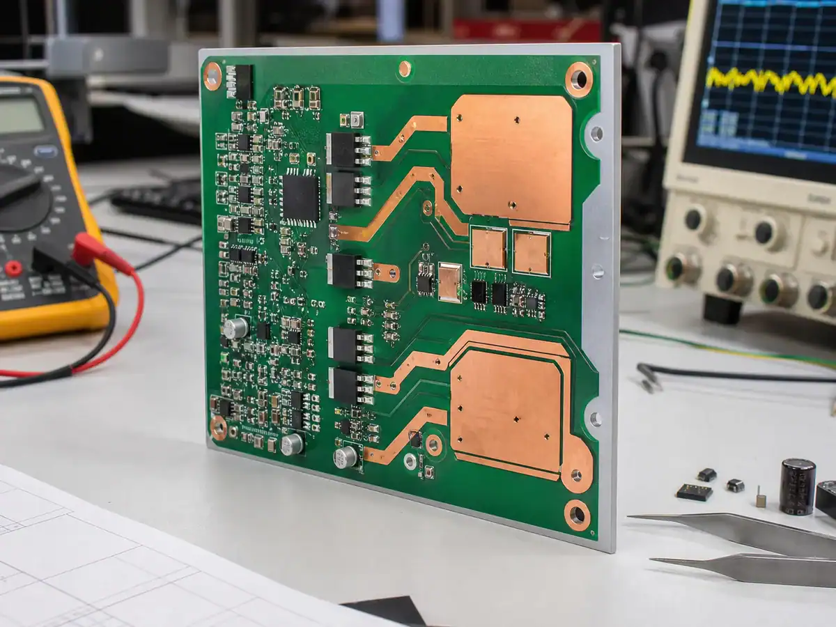 Metal core PCB prototype for power control testing on an electronics workbench