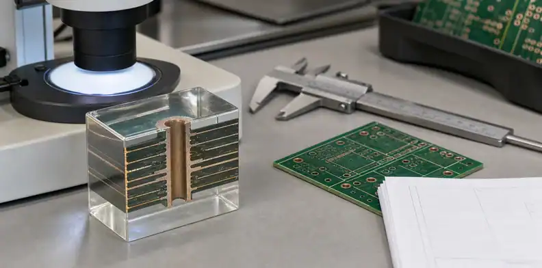 A plated hole sample shows ai pcb manufacturing evidence for microsection and hidden structure review.