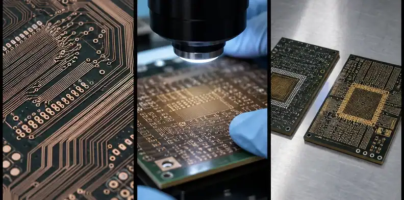 Dense traces and microvias illustrate BT fine-line and fine-pitch capture pad limits.