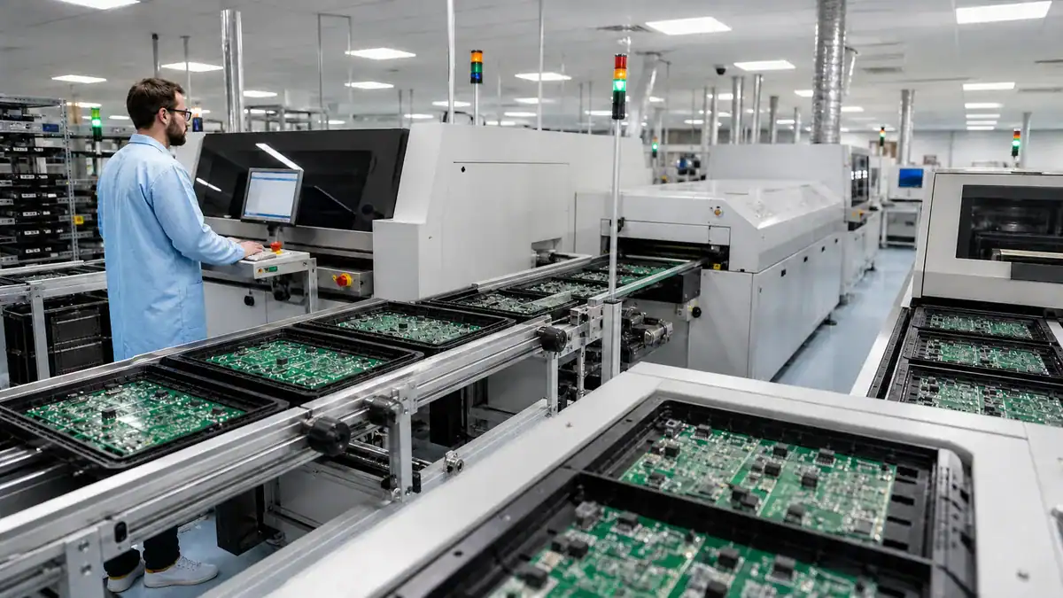 Mid-volume SMT assembly production line with repeated PCB carriers and light blue ESD operator smock