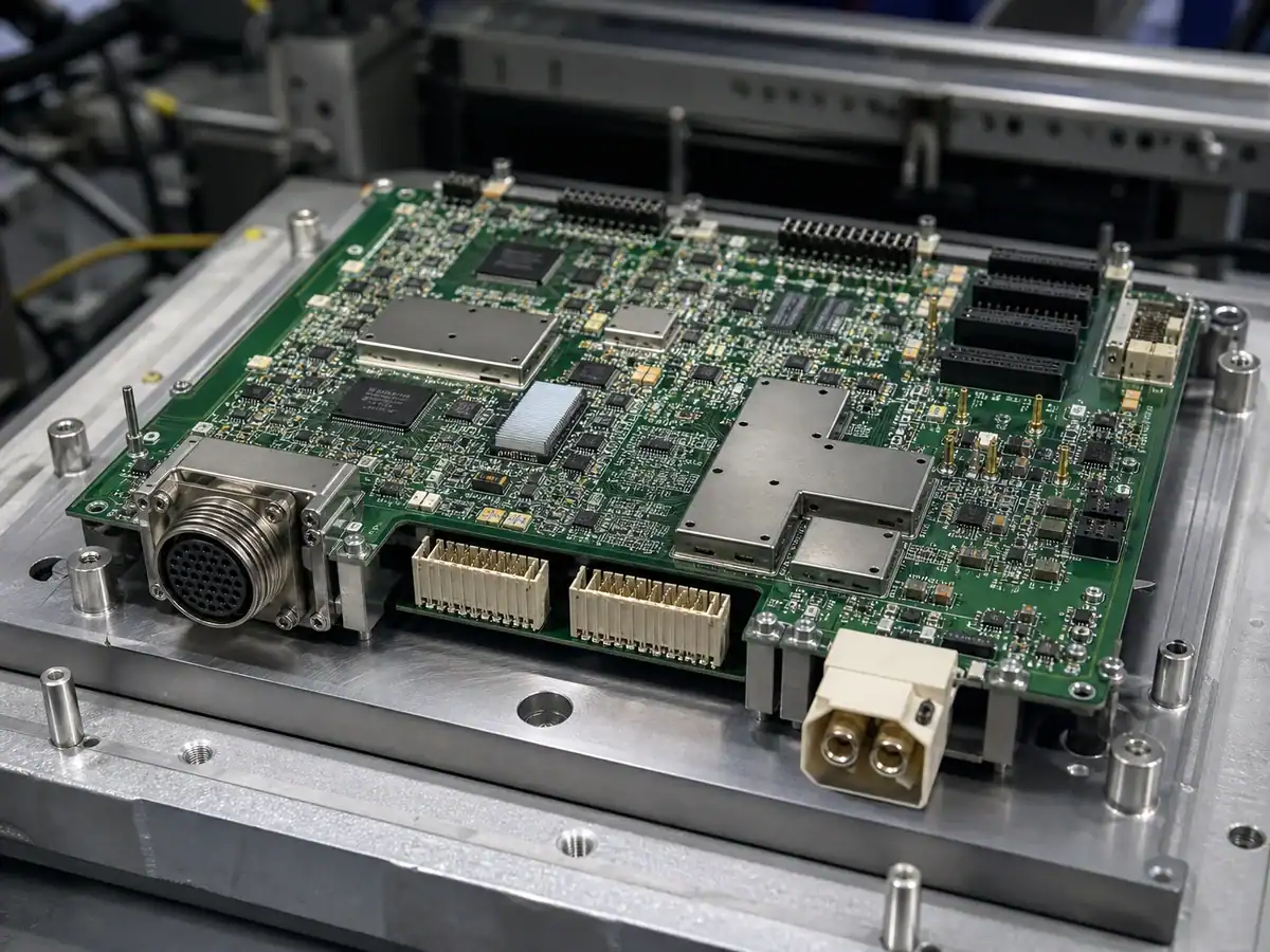 5G base station interface card with RF shields high-speed connectors and mixed assembly components
