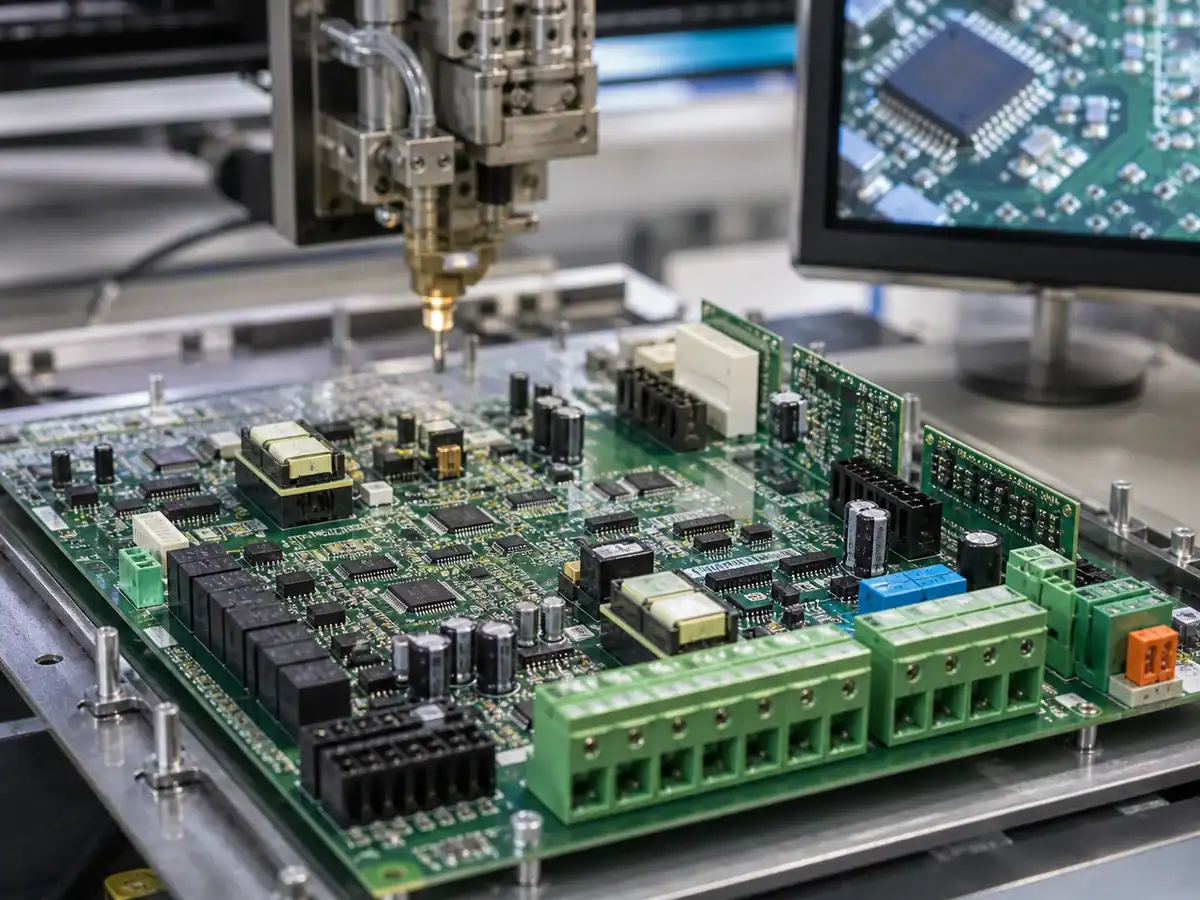Mixed assembly PCB with through-hole connectors and dense SMT circuitry