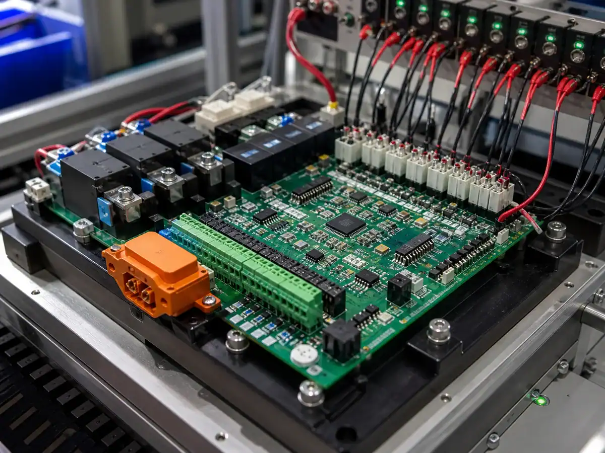 EV battery management system mixed assembly PCB with current sensors and SMT monitoring ICs