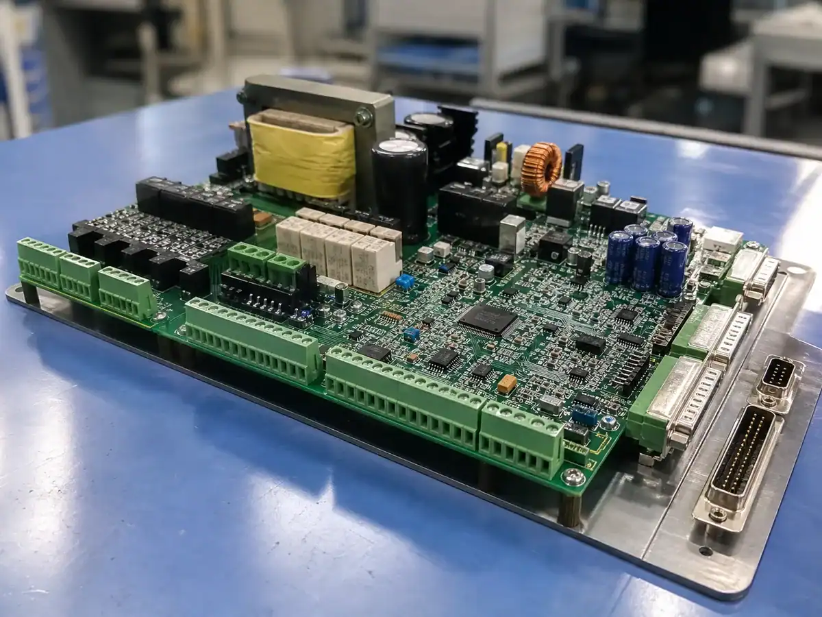 Industrial control mixed assembly PCB with terminal blocks relays and SMT controller ICs