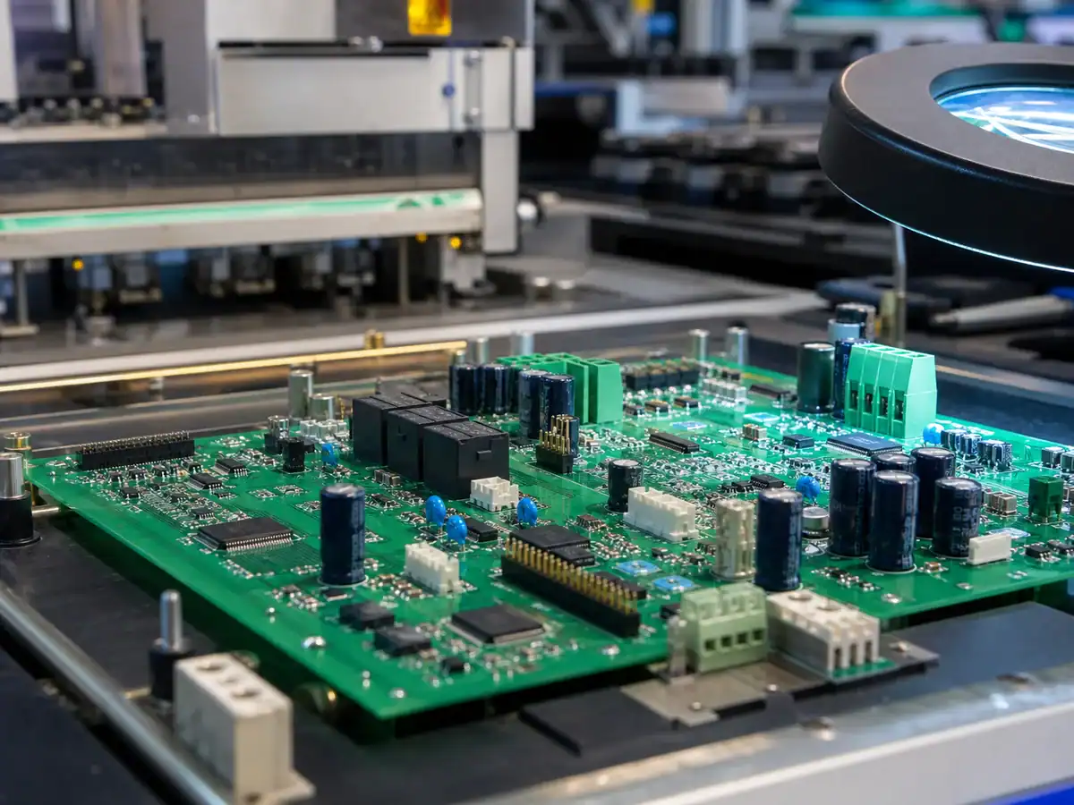 Industrial motor controller mixed assembly PCB with high-current through-hole parts and SMT control ICs