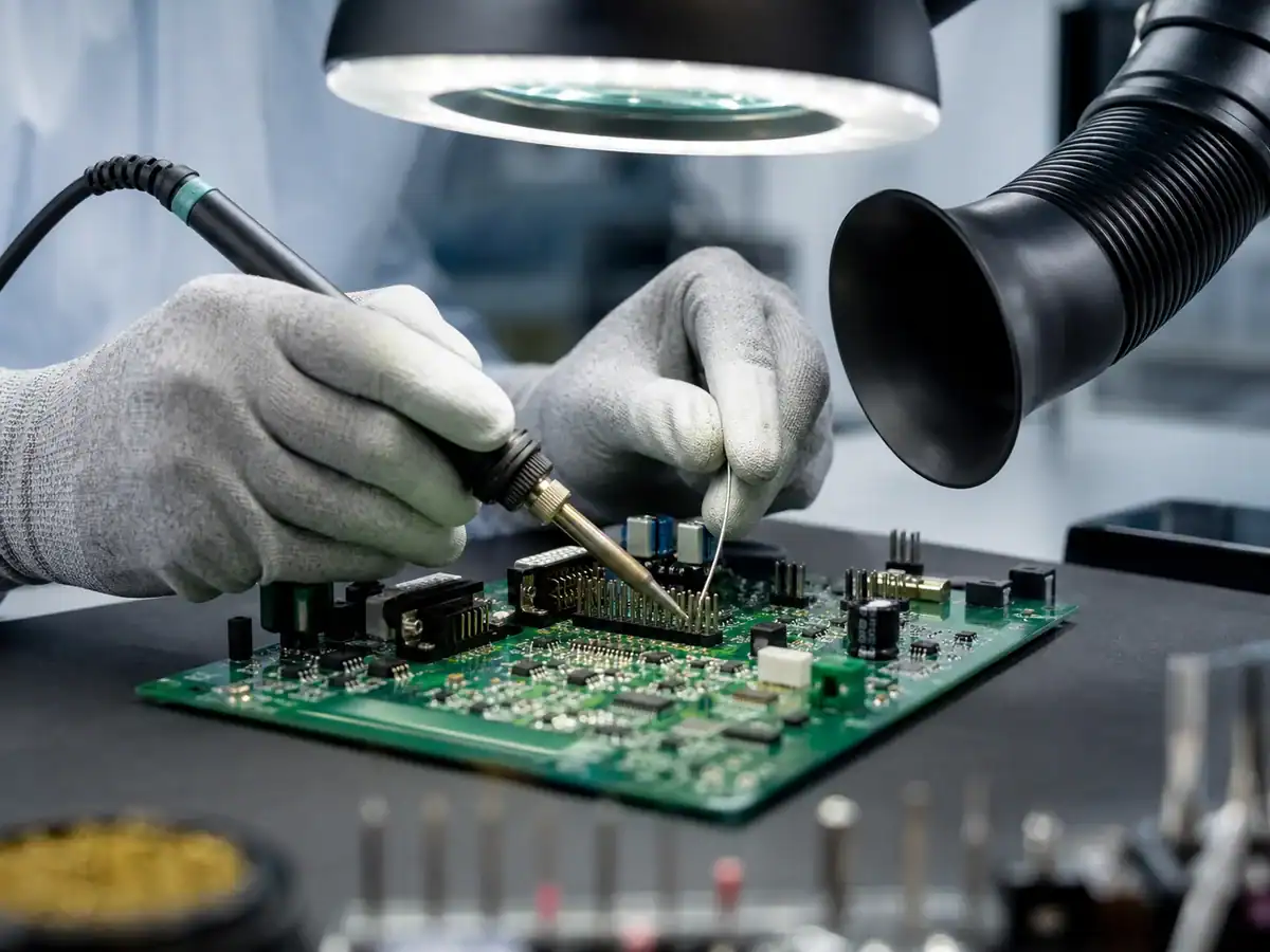 Technician hand soldering through-hole connector pins on a mixed assembly PCB