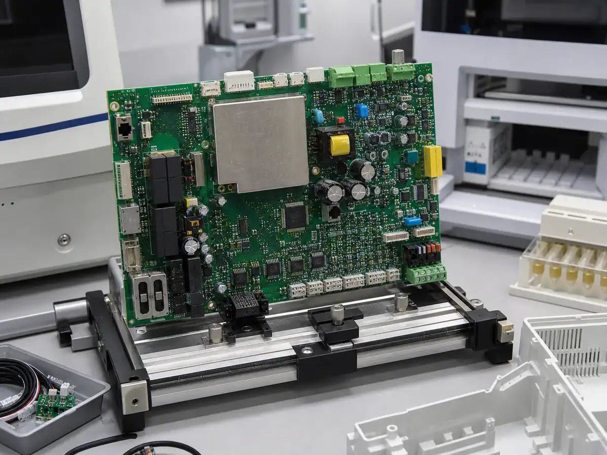 Medical and laboratory equipment mixed assembly PCBA with shielded analog section and connectors