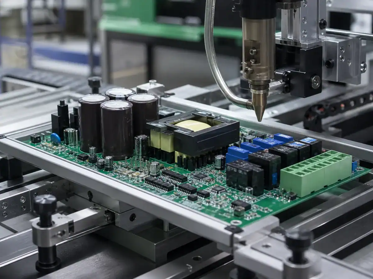 Power and energy system mixed assembly PCB with through-hole power components and SMT control circuitry