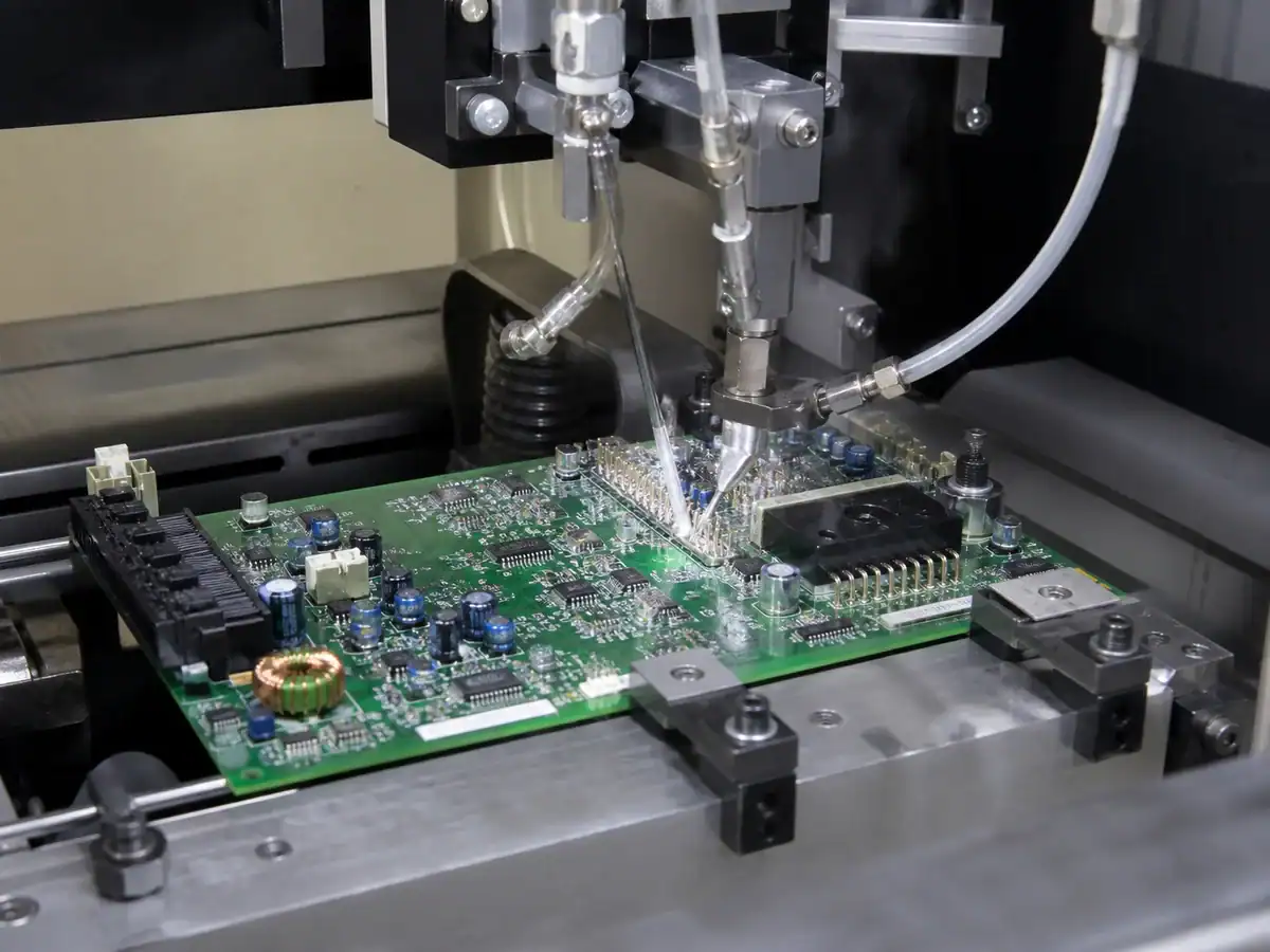 Selective soldering nozzle applying solder to through-hole pins on mixed assembly PCB