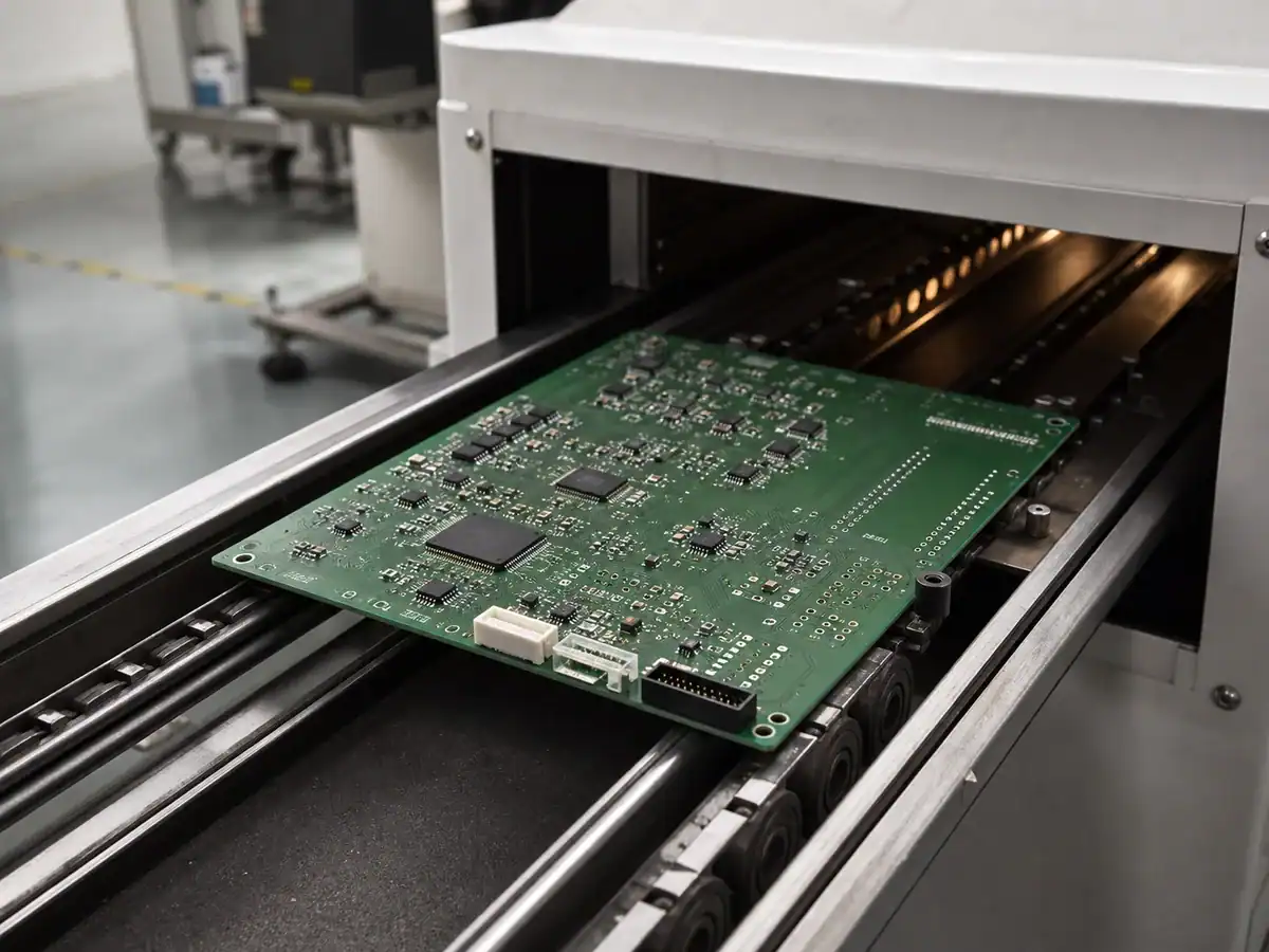 PCB leaving reflow after SMT assembly before through-hole components are inserted