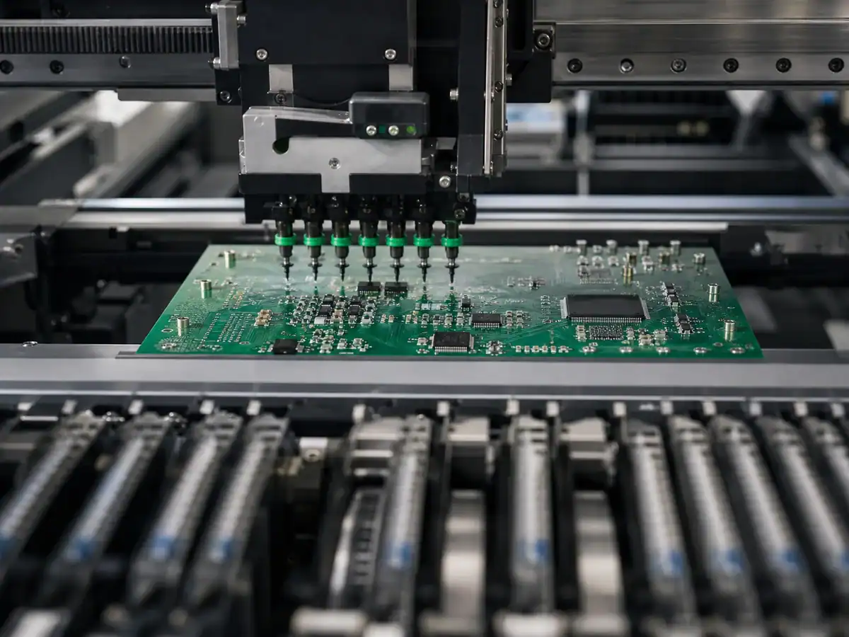 SMT pick-and-place machine placing fine-pitch components before through-hole assembly