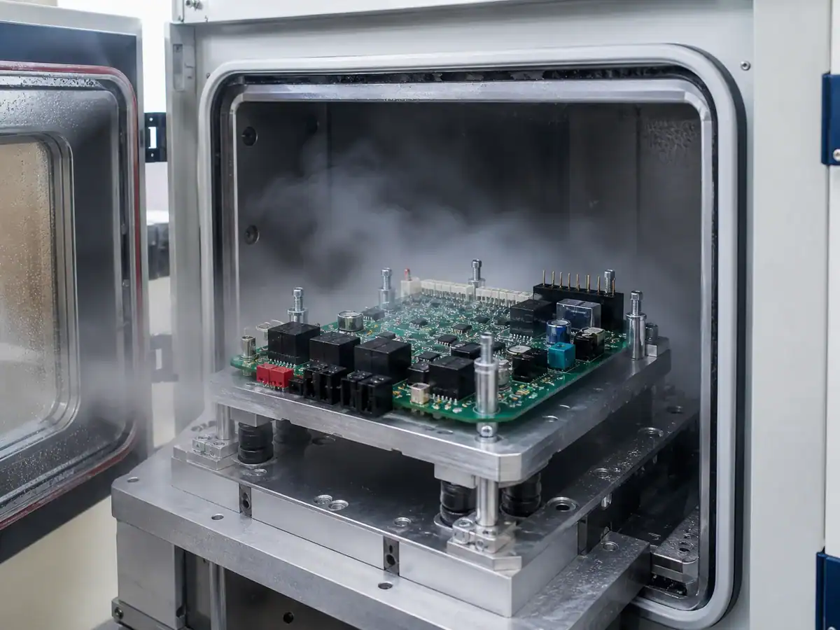 Mixed assembly PCB in vibration and thermal cycling reliability test chamber